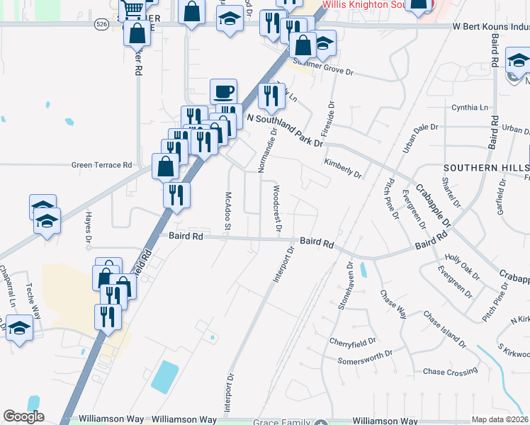 map of restaurants, bars, coffee shops, grocery stores, and more near 9447 Normandie Dr in Shreveport