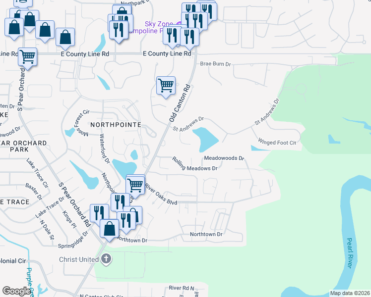 map of restaurants, bars, coffee shops, grocery stores, and more near 131 Royal Lytham in Jackson