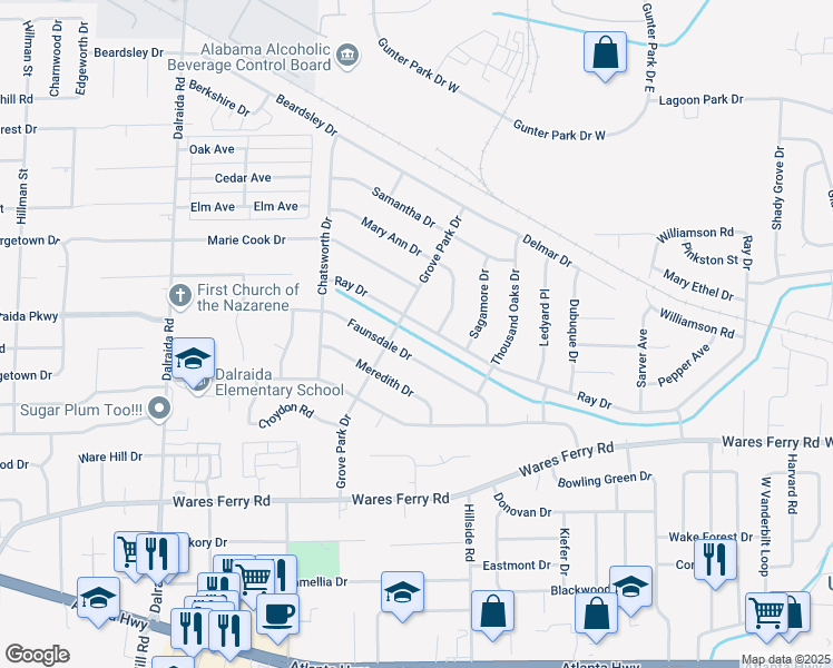 map of restaurants, bars, coffee shops, grocery stores, and more near 528 Grove Park Drive in Montgomery