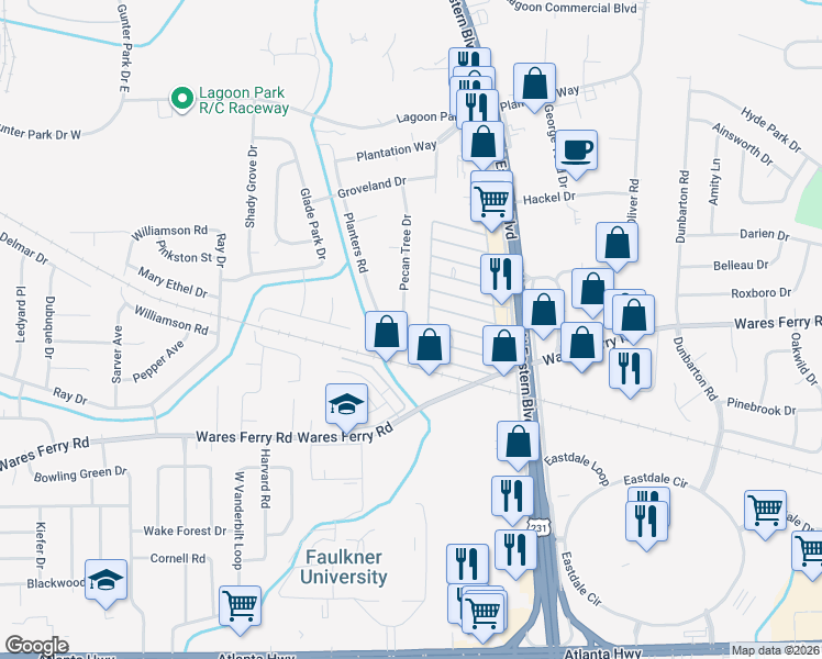 map of restaurants, bars, coffee shops, grocery stores, and more near 316 Pecan Tree Dr in Montgomery