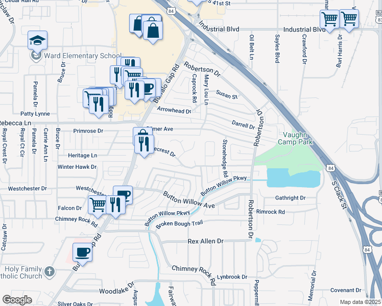 map of restaurants, bars, coffee shops, grocery stores, and more near 4709 Oak Knoll Street in Abilene