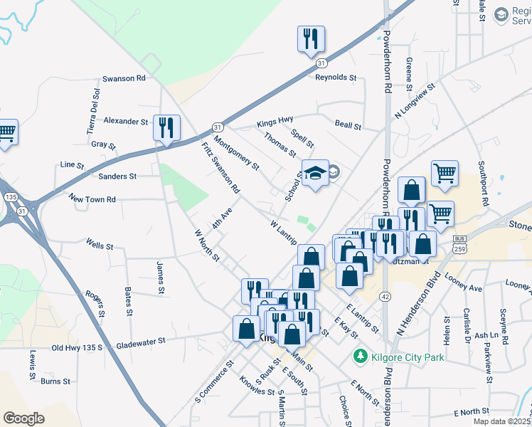 map of restaurants, bars, coffee shops, grocery stores, and more near 505 North Longview Street in Kilgore