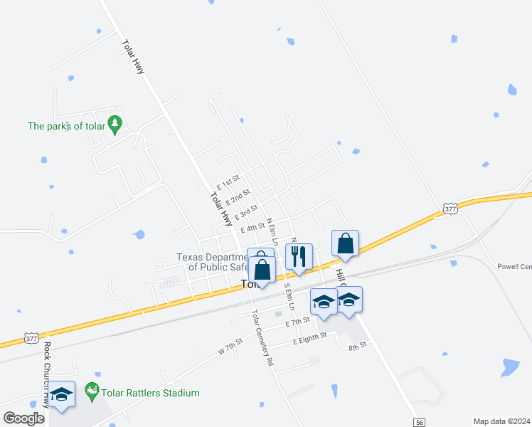 map of restaurants, bars, coffee shops, grocery stores, and more near 406 North Elm Lane in Tolar
