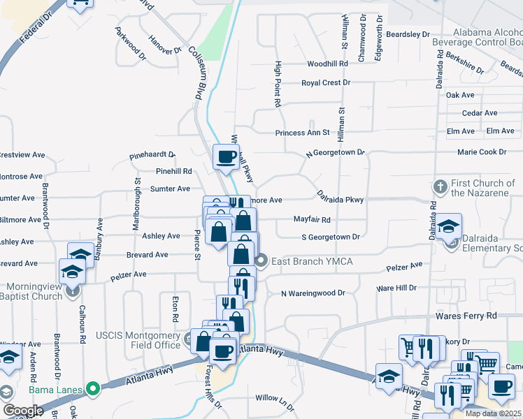 map of restaurants, bars, coffee shops, grocery stores, and more near 608 Cliff Road in Montgomery