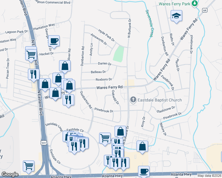 map of restaurants, bars, coffee shops, grocery stores, and more near 372 Oakwild Drive in Montgomery