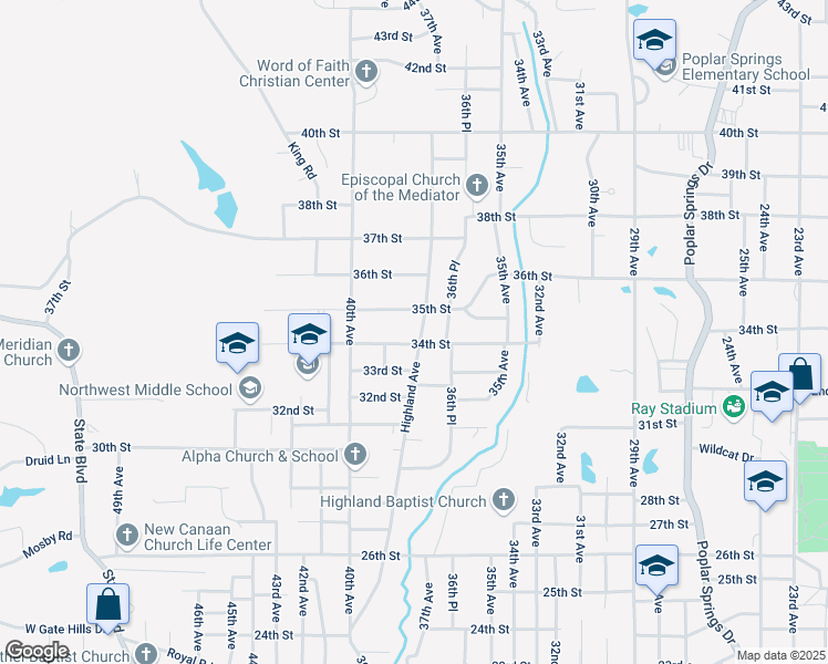 map of restaurants, bars, coffee shops, grocery stores, and more near 3407 Highland Avenue in Meridian