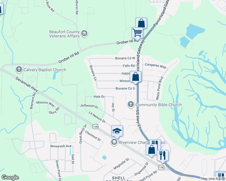 map of restaurants, bars, coffee shops, grocery stores, and more near 122 Bonaire Circle South in Beaufort