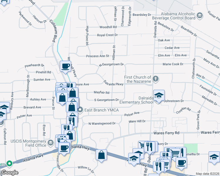 map of restaurants, bars, coffee shops, grocery stores, and more near 631 Hillman Street in Montgomery