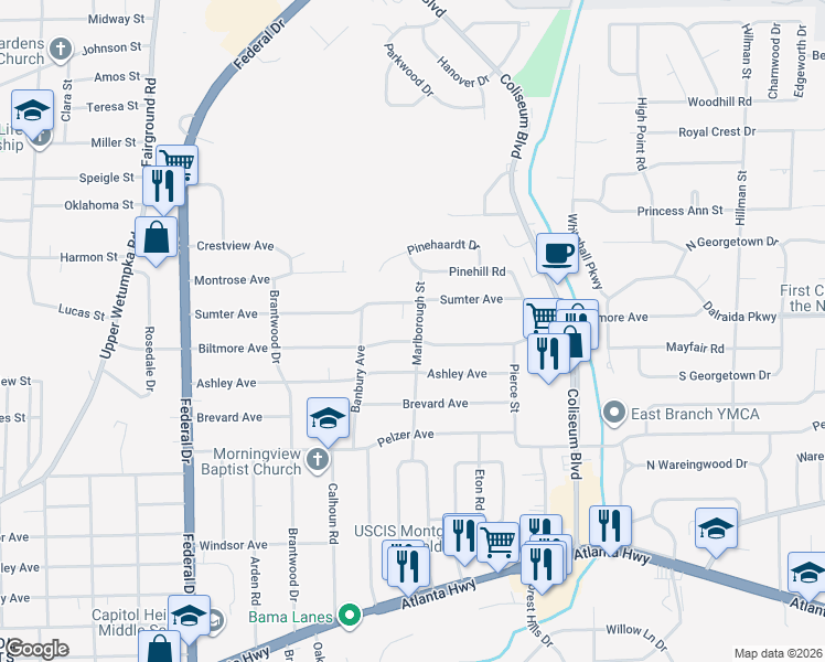 map of restaurants, bars, coffee shops, grocery stores, and more near 3001 Biltmore Avenue in Montgomery