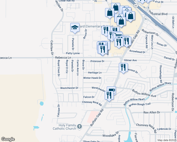 map of restaurants, bars, coffee shops, grocery stores, and more near 3232 Heritage Lane in Abilene