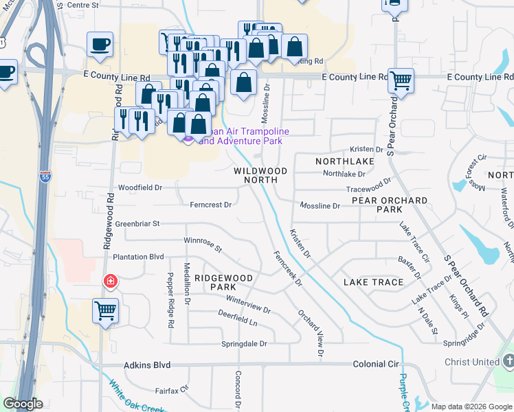 map of restaurants, bars, coffee shops, grocery stores, and more near 6133 Ferncreek Drive in Jackson
