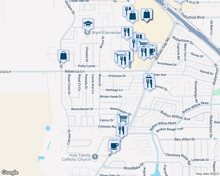 map of restaurants, bars, coffee shops, grocery stores, and more near 3232 Heritage Lane in Abilene