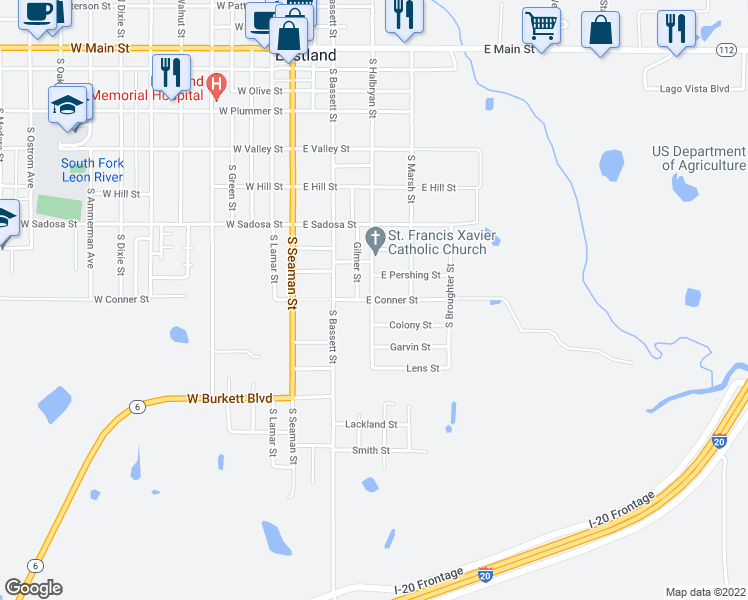 map of restaurants, bars, coffee shops, grocery stores, and more near 405 East Conner Street in Eastland