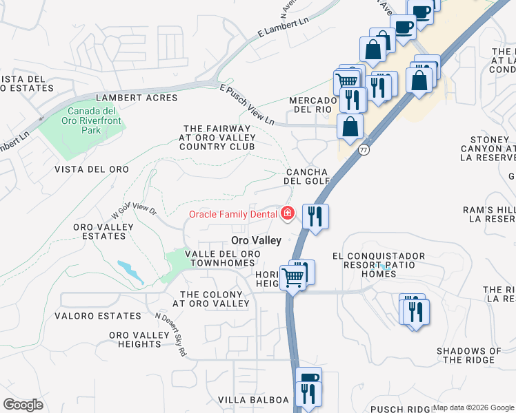 map of restaurants, bars, coffee shops, grocery stores, and more near 2 West Greenock Drive in Tucson