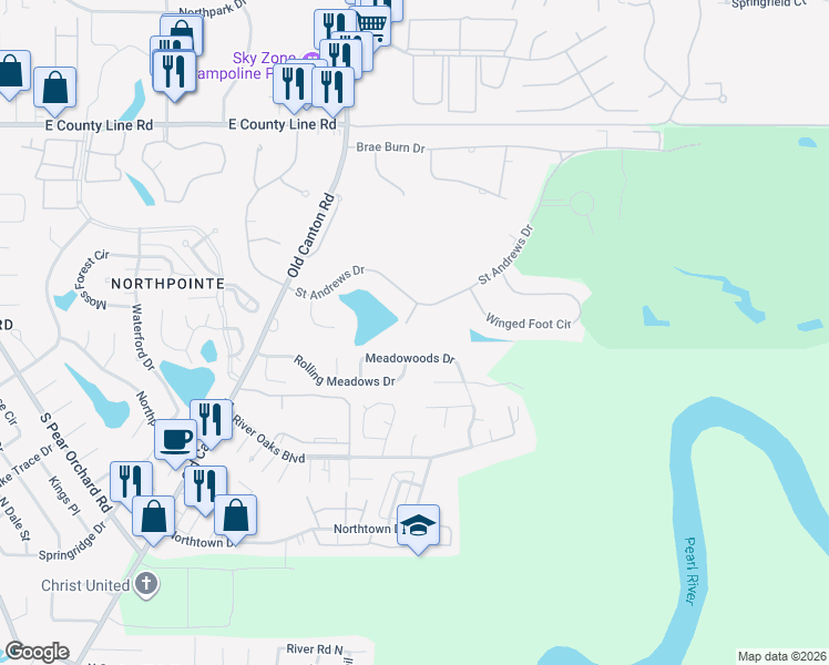 map of restaurants, bars, coffee shops, grocery stores, and more near 110 Hoylake Drive in Jackson