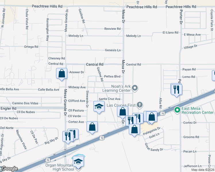map of restaurants, bars, coffee shops, grocery stores, and more near 6081-6147 Gasline Road in Las Cruces