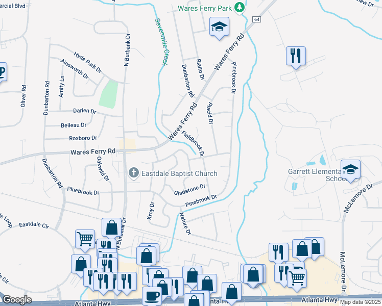 map of restaurants, bars, coffee shops, grocery stores, and more near 6163 Hinchcliff Road in Montgomery