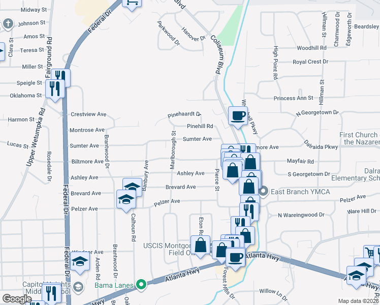 map of restaurants, bars, coffee shops, grocery stores, and more near 3021 Biltmore Avenue in Montgomery
