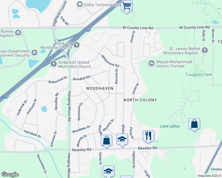 map of restaurants, bars, coffee shops, grocery stores, and more near 536 Woodson Drive in Jackson