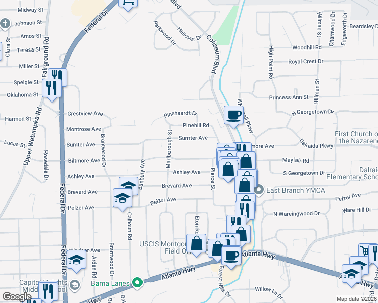 map of restaurants, bars, coffee shops, grocery stores, and more near 3021 Biltmore Avenue in Montgomery