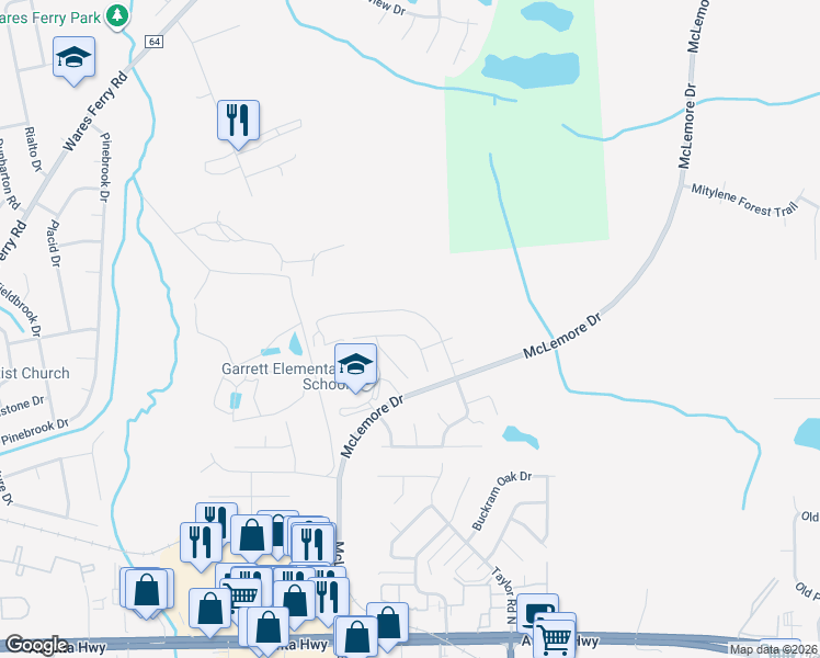 map of restaurants, bars, coffee shops, grocery stores, and more near 6810 Overview Lane in Montgomery