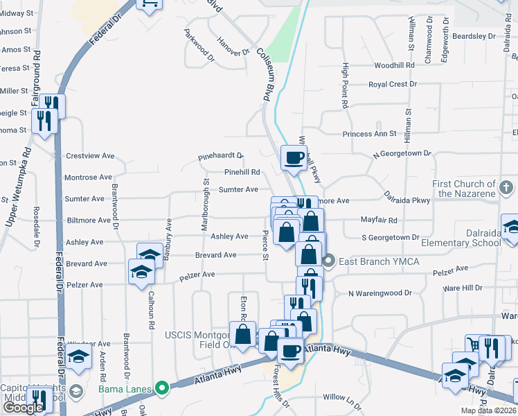 map of restaurants, bars, coffee shops, grocery stores, and more near 3041 Biltmore Ave in Montgomery