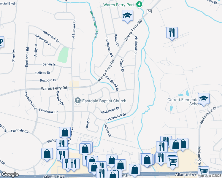 map of restaurants, bars, coffee shops, grocery stores, and more near 6163 Hinchcliff Road in Montgomery