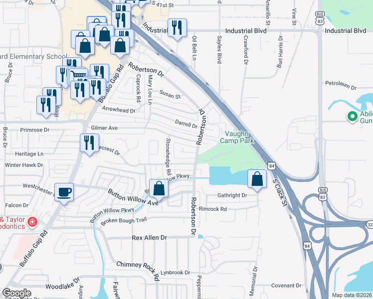 map of restaurants, bars, coffee shops, grocery stores, and more near 2509 Helena Circle in Abilene
