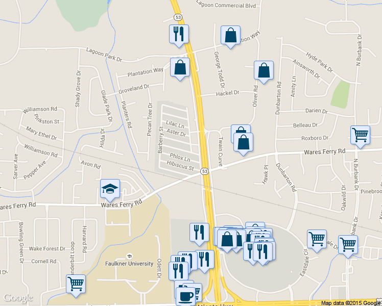 map of restaurants, bars, coffee shops, grocery stores, and more near 1 Clematis Drive in Montgomery