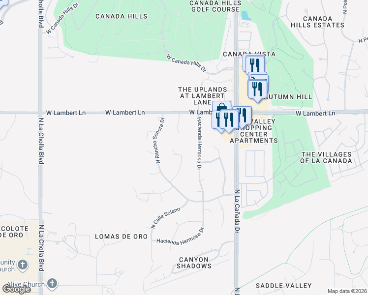 map of restaurants, bars, coffee shops, grocery stores, and more near 1601 Placita Montuoso in Tucson