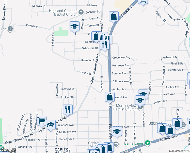 map of restaurants, bars, coffee shops, grocery stores, and more near in Montgomery
