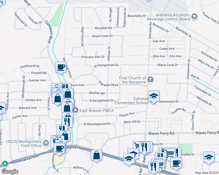 map of restaurants, bars, coffee shops, grocery stores, and more near 631 Hillman Street in Montgomery