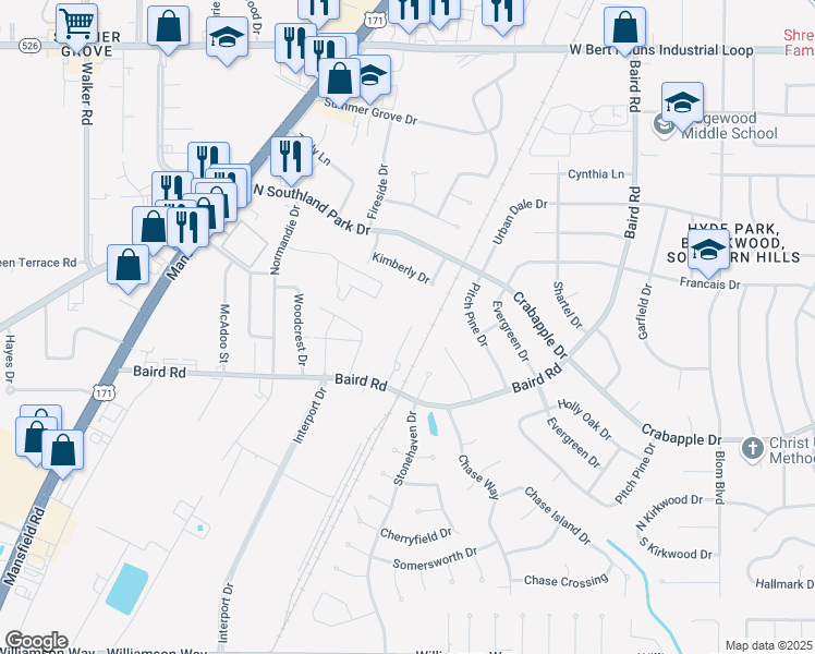 map of restaurants, bars, coffee shops, grocery stores, and more near 9406 Ferrara Drive in Shreveport