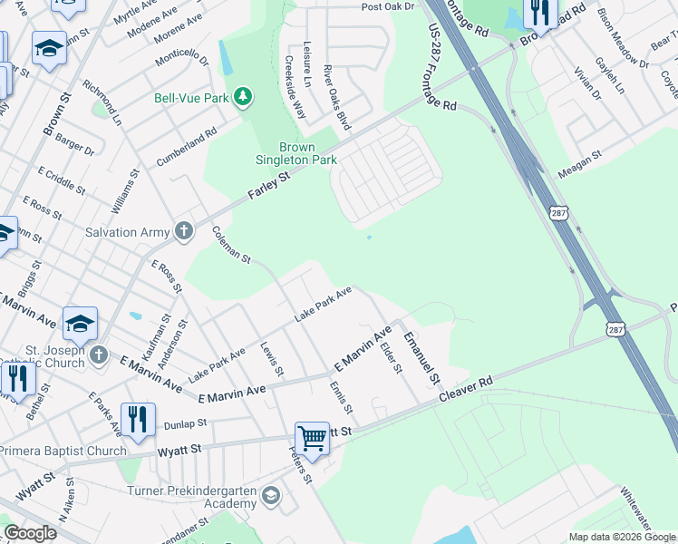 map of restaurants, bars, coffee shops, grocery stores, and more near 527 Lake Park Avenue in Waxahachie
