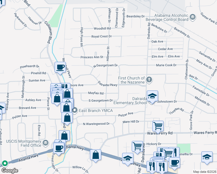 map of restaurants, bars, coffee shops, grocery stores, and more near 631 Hillman Street in Montgomery