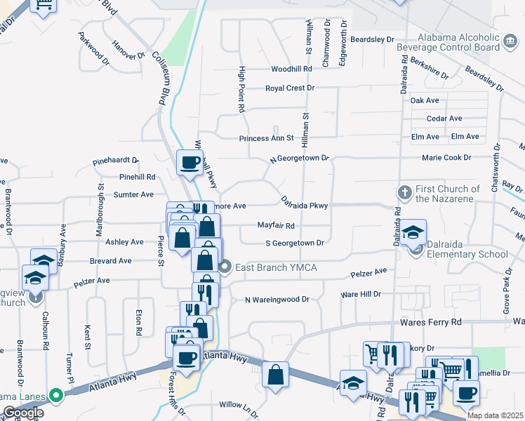 map of restaurants, bars, coffee shops, grocery stores, and more near 3555 Mayfair Road in Montgomery