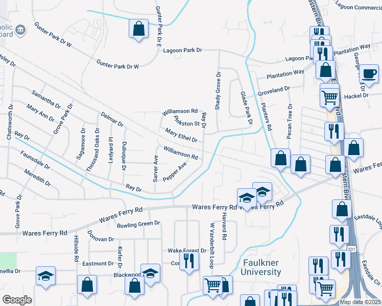 map of restaurants, bars, coffee shops, grocery stores, and more near 612 Williamson Road in Montgomery