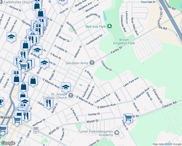 map of restaurants, bars, coffee shops, grocery stores, and more near 519 East Ross Street in Waxahachie
