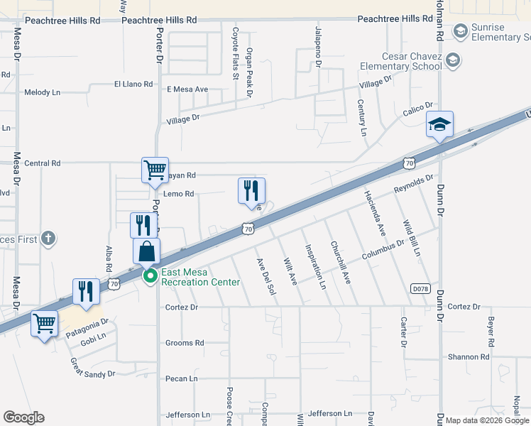 map of restaurants, bars, coffee shops, grocery stores, and more near 5540 Wilt Avenue in Las Cruces