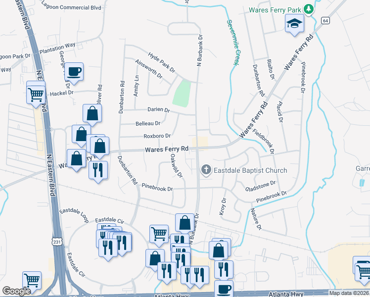 map of restaurants, bars, coffee shops, grocery stores, and more near 5924 Wares Ferry Road in Montgomery