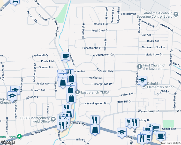 map of restaurants, bars, coffee shops, grocery stores, and more near 3555 Mayfair Road in Montgomery