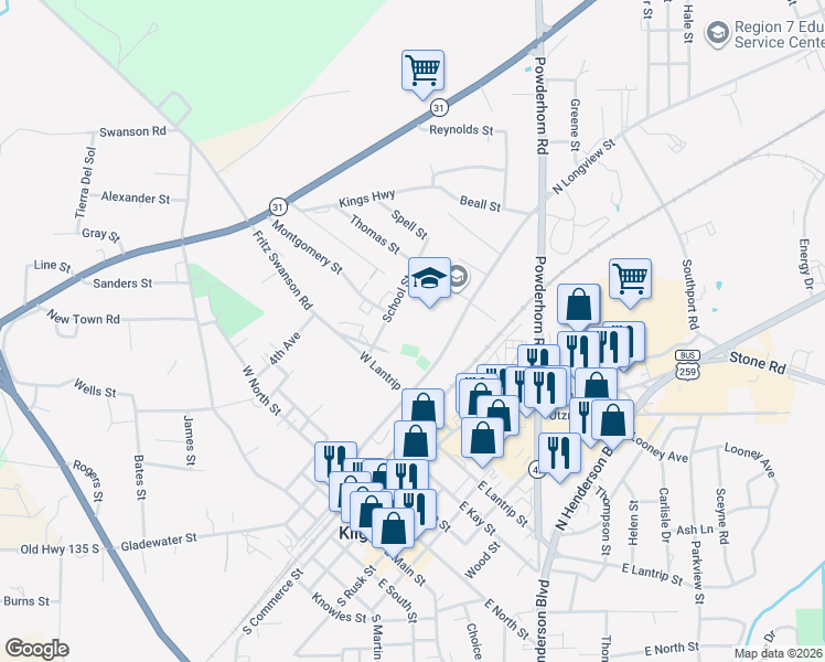 map of restaurants, bars, coffee shops, grocery stores, and more near 711 North Longview Street in Kilgore