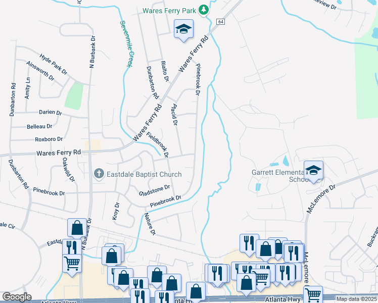 map of restaurants, bars, coffee shops, grocery stores, and more near 6309 Intervale Road in Montgomery
