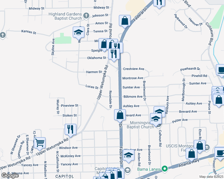 map of restaurants, bars, coffee shops, grocery stores, and more near 1120 Rosedale Drive in Montgomery