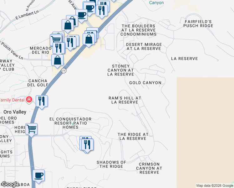 map of restaurants, bars, coffee shops, grocery stores, and more near 10285 North Carristo Drive in Tucson