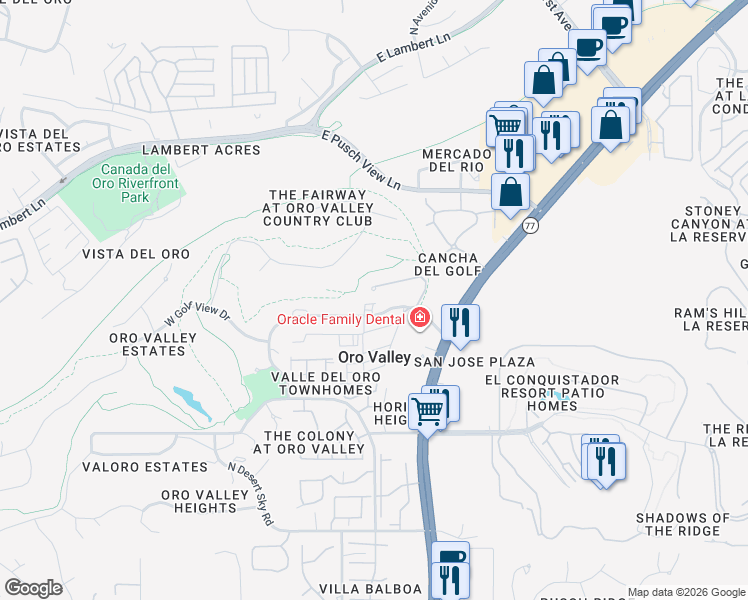 map of restaurants, bars, coffee shops, grocery stores, and more near 20 West Greenock Drive in Oro Valley