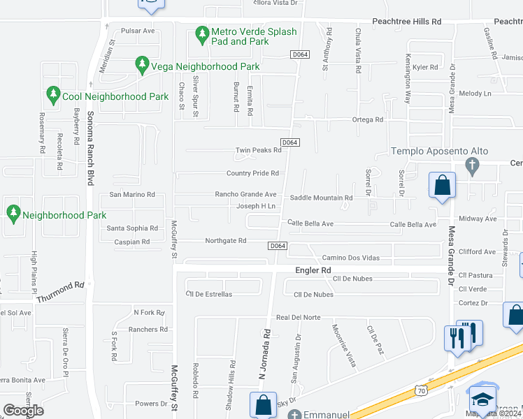 map of restaurants, bars, coffee shops, grocery stores, and more near 4745 Diamante Court in Las Cruces
