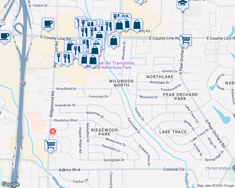 map of restaurants, bars, coffee shops, grocery stores, and more near 6133 Ferncreek Drive in Jackson