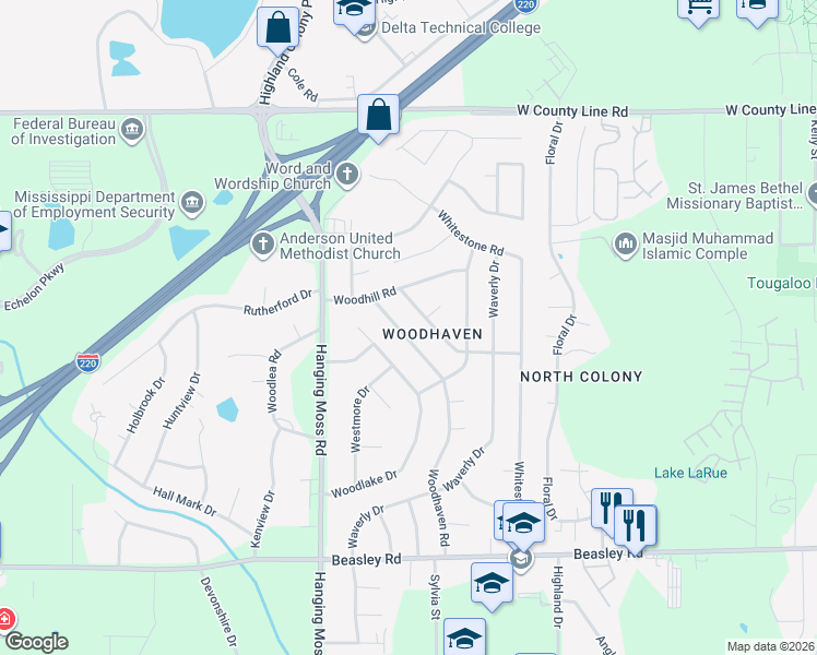 map of restaurants, bars, coffee shops, grocery stores, and more near 6126 Woodhaven Road in Jackson