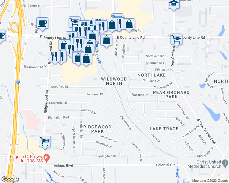 map of restaurants, bars, coffee shops, grocery stores, and more near 6144 Ferncreek Drive in Jackson